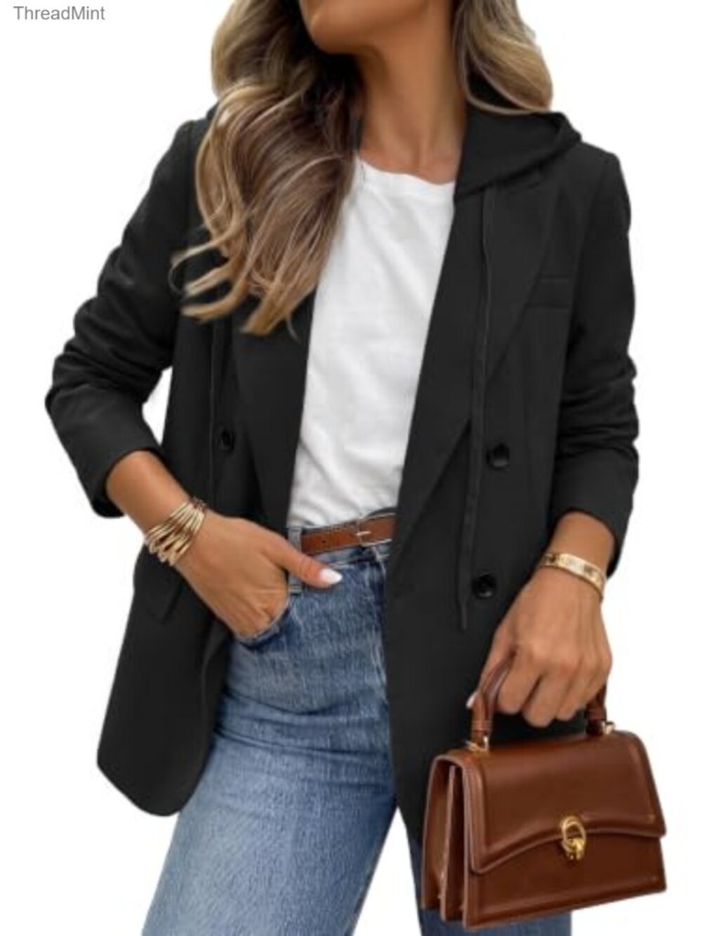 Oversized Hooded Plaid Blazer Jacket Women Business Casual